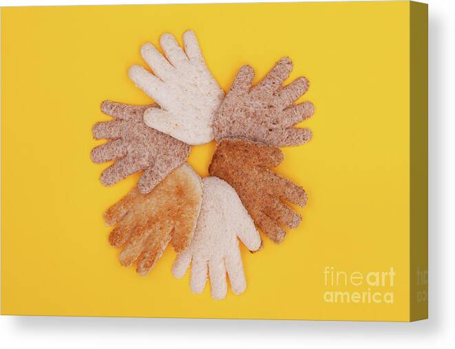 Hands Canvas Print featuring the photograph Multicultural hands circle concept made from bread by Simon Bratt