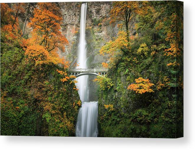 Columbia River Gorge Canvas Print featuring the photograph Multnomah Falls in Autumn by Don Schwartz