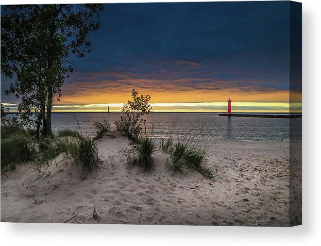  Canvas Print featuring the photograph Muskegon Beach and Lighthouse Sunset IMG_5857 by Michael Thomas