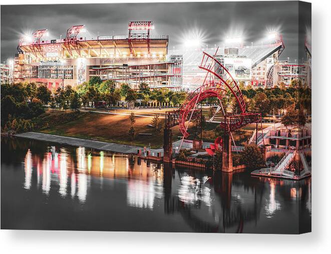Tennessee Titans Canvas Print featuring the photograph Nashville Tennessee Stadium Along The Cumberland River in Selective Color by Gregory Ballos
