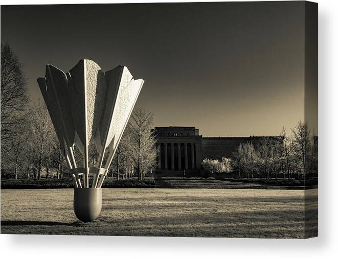 Infrared Shuttlecock Canvas Print featuring the photograph Nelson Atkins Museum Shuttlecock Sepia Landscape by Gregory Ballos