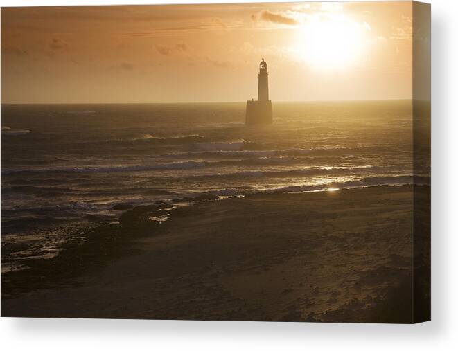 Scenics Canvas Print featuring the photograph North Sea Lighthouse And Beach At Dawn by Theasis