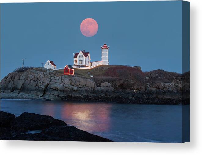 Cape Neddick Canvas Print featuring the photograph Nubble Lighthouse lit for the season by Jeff Folger