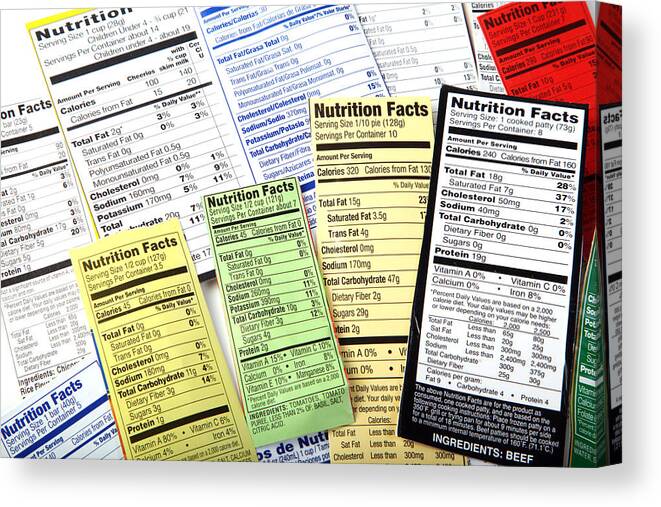 Label Canvas Print featuring the photograph Nutrition Label giving information on good food choices. by Imagesbybarbara