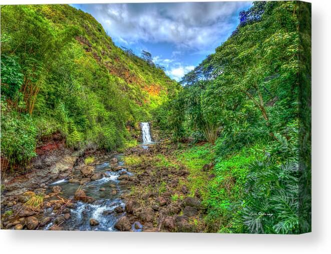 Reid Callaway Waimea Valley Falls Images Canvas Print featuring the photograph Oahu HI Waimea Valley Falls The Valley of the Priests Hawaiian Landscape Art by Reid Callaway