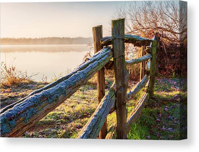 Fence Canvas Print featuring the photograph October morning frost in Ontario by Tatiana Travelways