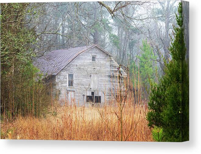 Barn Canvas Print featuring the photograph Old Barn in Fog - Pamlico County North Carolina by Bob Decker