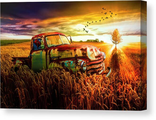 1947 Canvas Print featuring the photograph Old Chevy Truck in the Sunset by Debra and Dave Vanderlaan