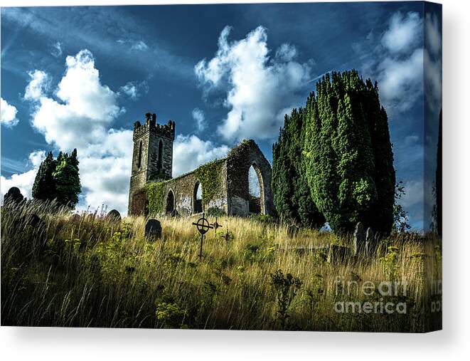 Ireland Canvas Print featuring the photograph Old Church Ruin with Graveyard in Ireland by Andreas Berthold