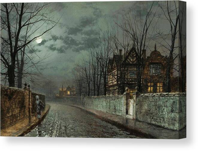 Old English House By Moonlight Canvas Print featuring the painting Old English House by Moonlight by John Atkinson Grimshaw 1883 by John atkinson Grimshaw