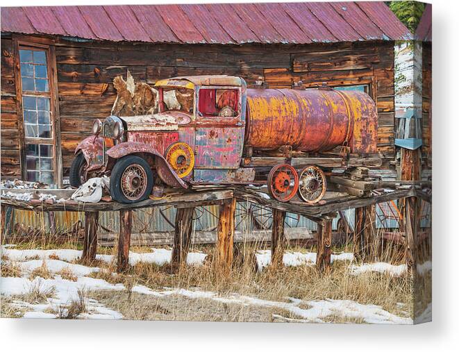 Old Truck Canvas Print featuring the photograph Old-fangled Jalopy In The Mountain Town of Guffey, Colorado by Bijan Pirnia