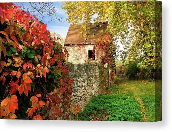 Abandoned Canvas Print featuring the photograph Old house and stone fence in autumn by Viktor Wallon-Hars