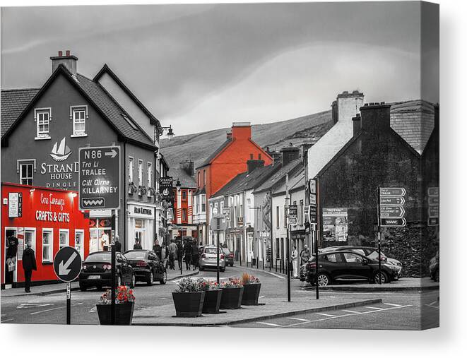Barns Canvas Print featuring the photograph Old Irish Town The Dingle Peninsula Black and White with Color by Debra and Dave Vanderlaan