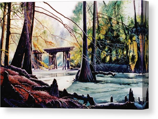 Bridge Canvas Print featuring the painting Old Railroad Bridge by Randy Welborn