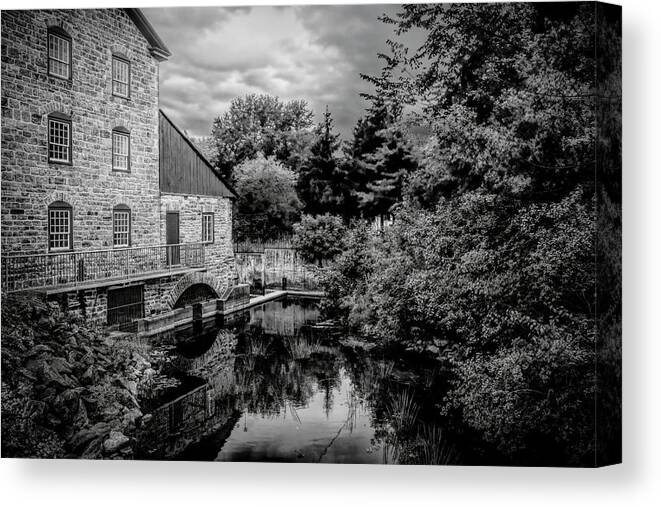 Old Stone Mill Canvas Print featuring the photograph Old Stone Mill, Delta, Leeds County, Ontario BW by John Twynam