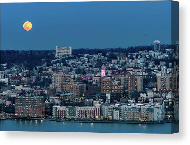 City Hall Canvas Print featuring the photograph Orange Moon Rising over Yonkers by Kevin Suttlehan