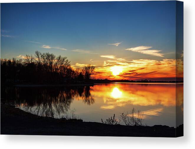 Lake Canvas Print featuring the photograph Orange sunset on the lake by Tatiana Travelways