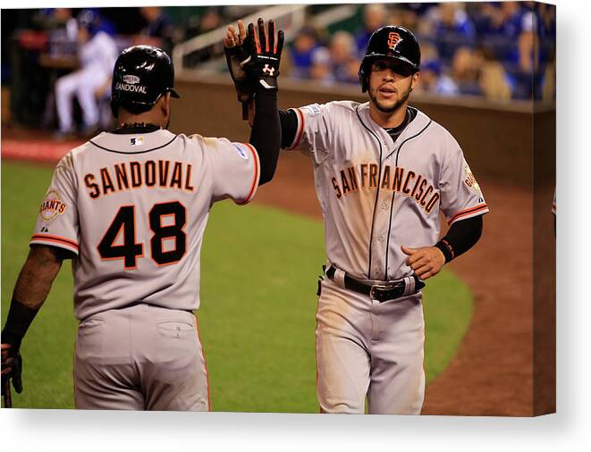 People Canvas Print featuring the photograph Pablo Sandoval and Gregor Blanco by Jamie Squire
