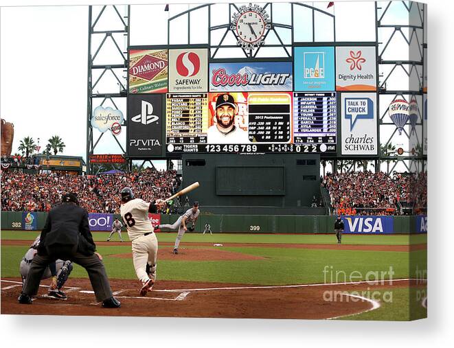 Viewpoint Canvas Print featuring the photograph Pablo Sandoval and Justin Verlander by Ezra Shaw