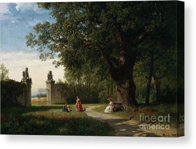 Hans Gude Canvas Print featuring the painting Park landscape with figure, 1856 by O Vaering by Hans Gude