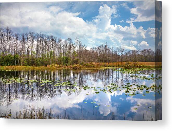 Clouds Canvas Print featuring the photograph Peaceful Reflections on the Everglades by Debra and Dave Vanderlaan