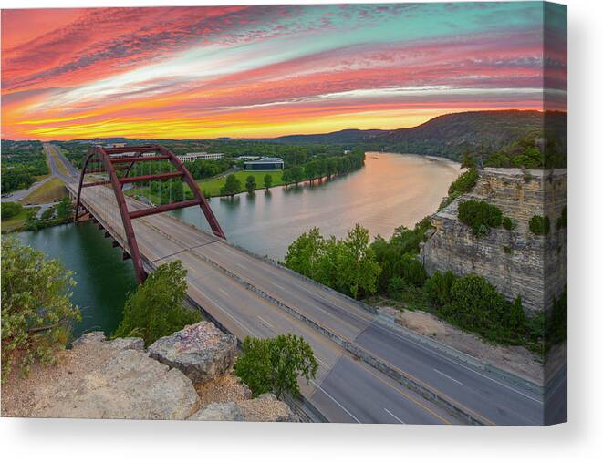Pennybacker Bridge Canvas Print featuring the photograph Pennybacker Bridge Sunset near Austin Texas by Rob Greebon