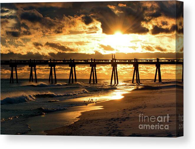 Sun Canvas Print featuring the photograph Pensacola Beach Fishing Pier at Sunset by Beachtown Views