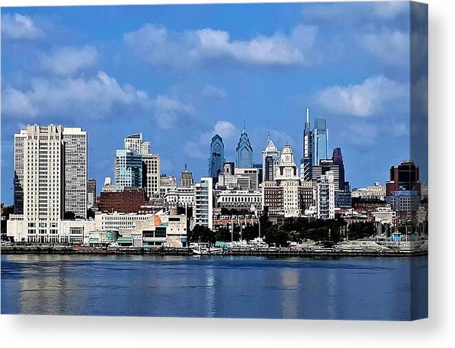 Philadelphia Canvas Print featuring the photograph Philadelphia Skyline across the Delaware River from the Aquarium in Camden, New Jersey by Linda Stern