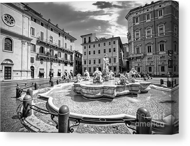 Piazza Navona Canvas Print featuring the photograph Piazza Navona in Rome - Fontana del Moro BW by Stefano Senise
