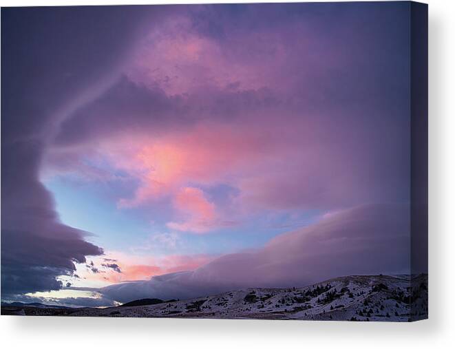 Montana Canvas Print featuring the photograph Pink Axtel Sunrise in Montana by Wes Hunt