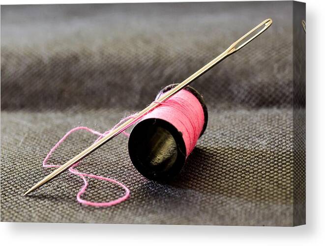 Needle Canvas Print featuring the photograph Pink Cotton Thread by Neil R Finlay