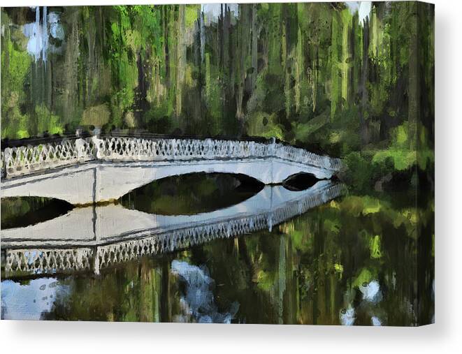Magnolia Plantation Bridge Reflection Canvas Print featuring the painting Plantation Bridge Reflection by Dan Sproul