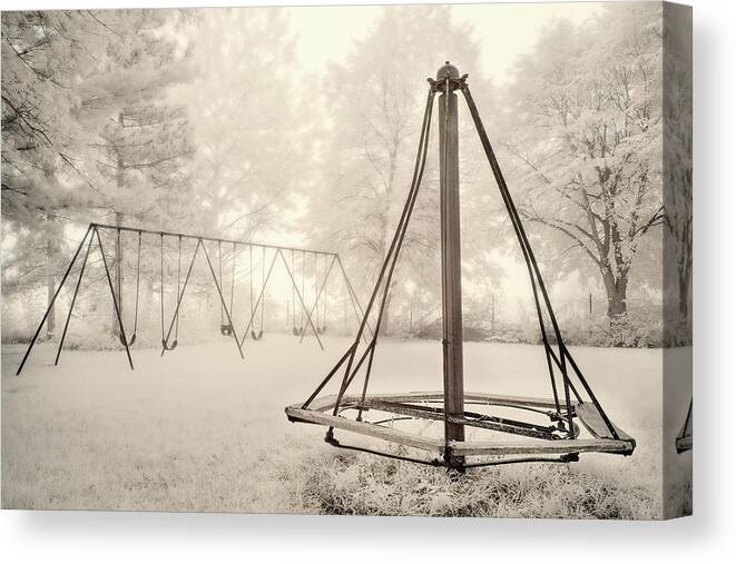 Swingset Canvas Print featuring the photograph Playground Memories - swings and witches-hat merry go round at Cooksville WI schoolhouse in infrared by Peter Herman