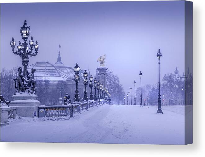 Alexander Iii Canvas Print featuring the photograph Pont Alexandre III Under Snow by Serge Ramelli