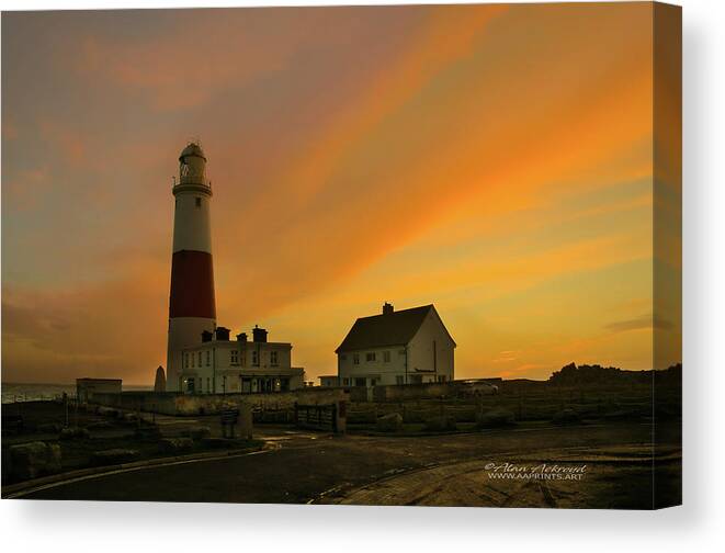 Portland Bill Canvas Print featuring the photograph Portland Bill Lighthouse at Sunset by Alan Ackroyd