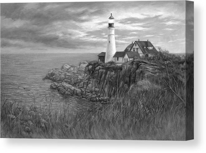 Seascape Canvas Print featuring the painting Portland Head Light - Black and White by Lucie Bilodeau