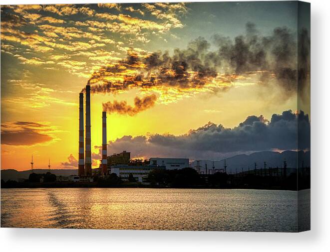 Clouds Canvas Print featuring the photograph Power plant pollution by Micah Offman