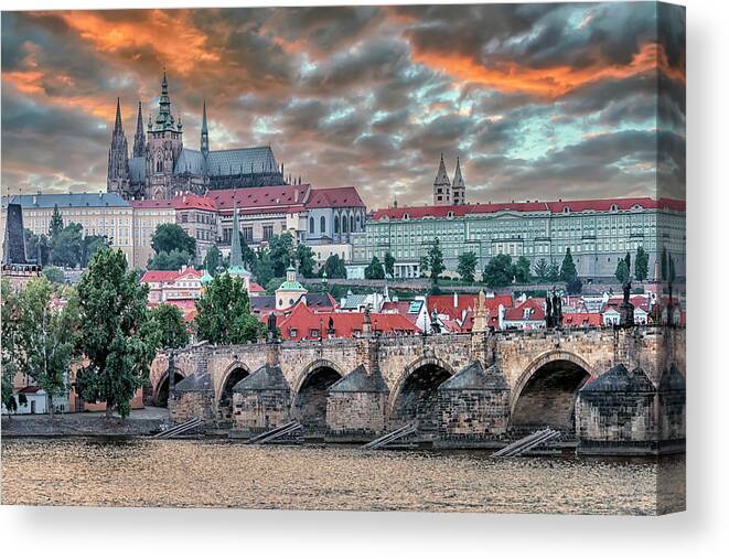 Architecture Canvas Print featuring the photograph Prague Sunset by Manjik Pictures