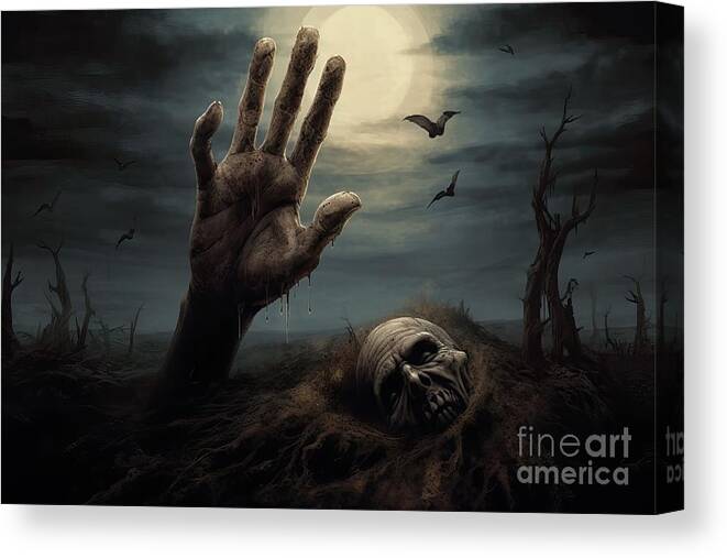 Zombie Canvas Print featuring the painting premium Halloween, dead hand coming out from the soil by N Akkash