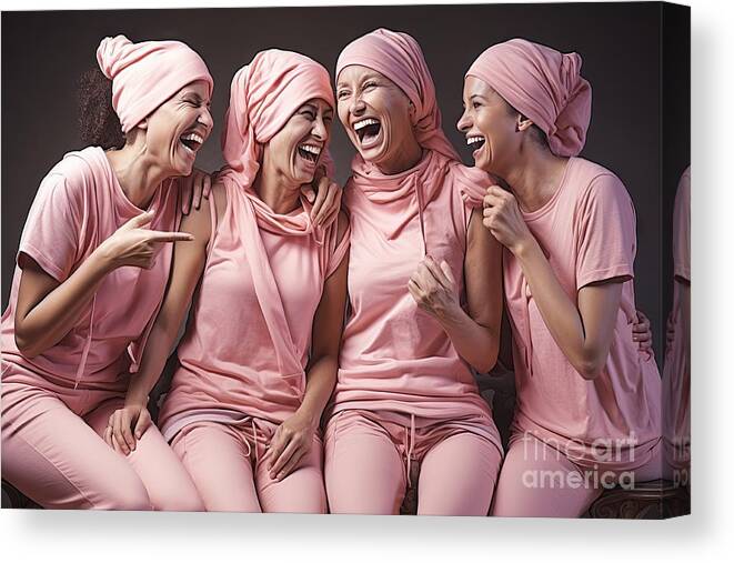 Woman Canvas Print featuring the painting premium Laughing women wearing pink for breast cancer by N Akkash