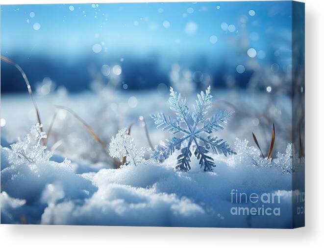 Snowflake Canvas Print featuring the painting premium Snowflake On Natural Snowdrift Close Up - Christmas And Winter Background by N Akkash