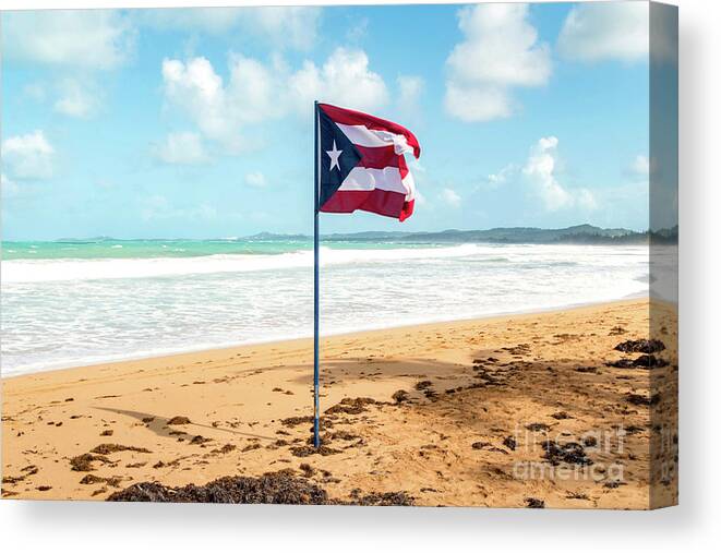Puerto Canvas Print featuring the photograph Puerto Rican Flag on the Beach, Pinones, Puerto Rico by Beachtown Views