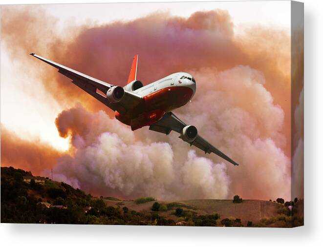 Mcdonnell Douglas Dc-10 Firefighting Aircraft Canvas Print featuring the mixed media Pulling Up and Away from the Wildfire by Erik Simonsen