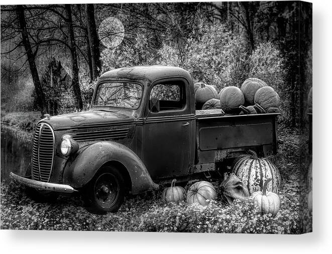 Barn Canvas Print featuring the photograph Pumpkin Truck on Halloween Black and White by Debra and Dave Vanderlaan