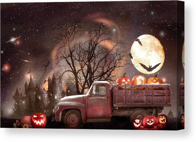 Truck Canvas Print featuring the photograph Pumpkins under the Halloween Country Moon by Debra and Dave Vanderlaan
