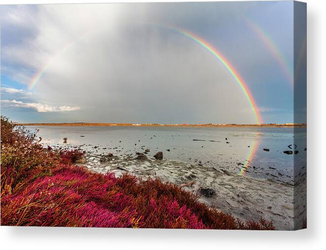 Atanasovsko Lake Canvas Print featuring the photograph Rainbow by Evgeni Dinev