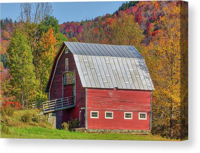 Red Barn Canvas Print featuring the photograph Red Barn framed by Fall Foliage at Vermont Route 100 by Juergen Roth