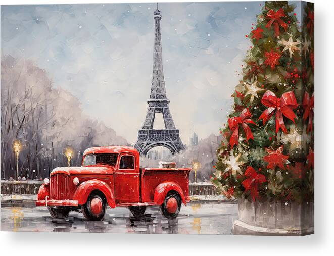 Christmas Art Canvas Print featuring the painting Red Christmas Truck and the Eiffel Tower - A Christmas Dream Come True by Lourry Legarde