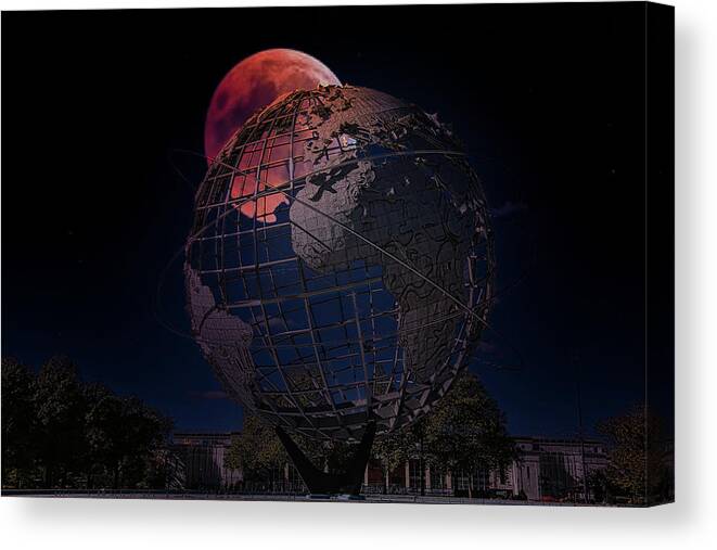 Unisphere Canvas Print featuring the photograph Red Moon Glow over Unisphere Queens NY Night Moods by Chuck Kuhn