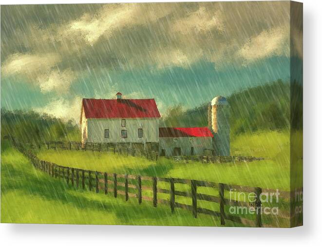 Barn Canvas Print featuring the digital art Red Roof Barn In Spring Rain by Lois Bryan